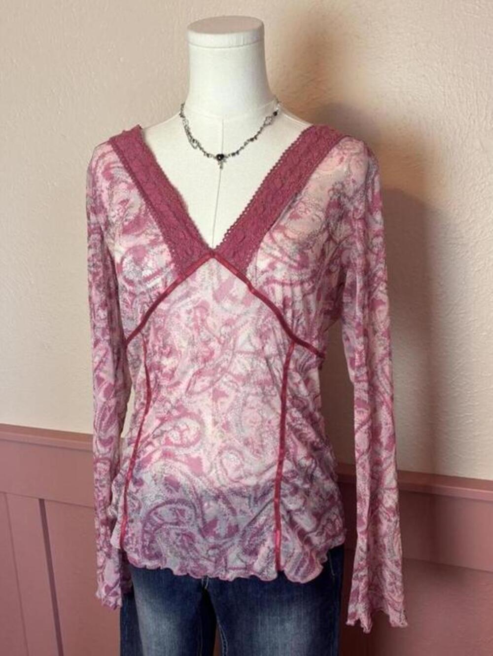 mexx 90s vintage mesh lace euro top pink paisley sz 2xl lettuce trim fairy long